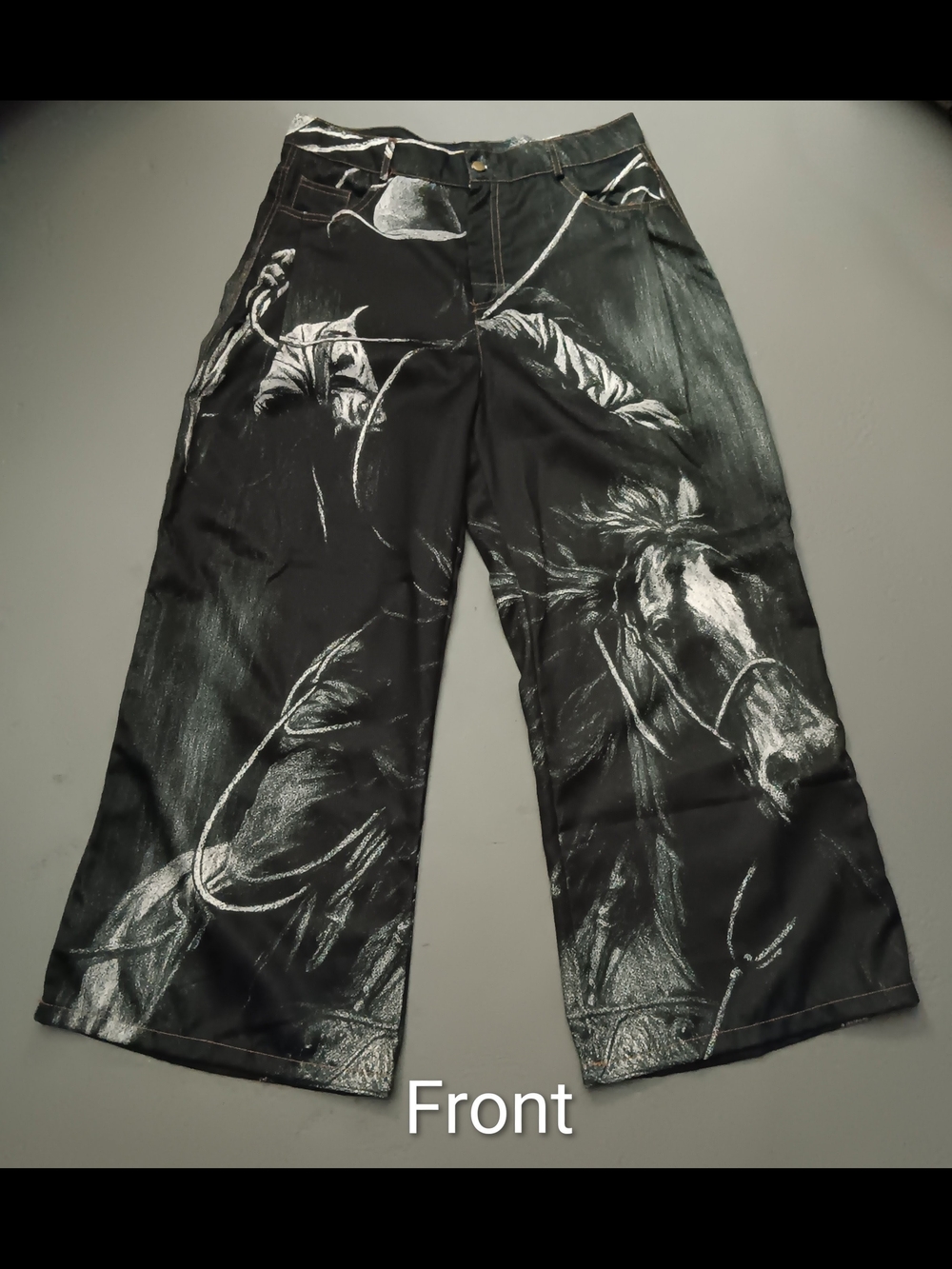 🐎Black Wide-Leg Barrel Pants with White/Gray Cowboy/Horse Graphic, XXL.